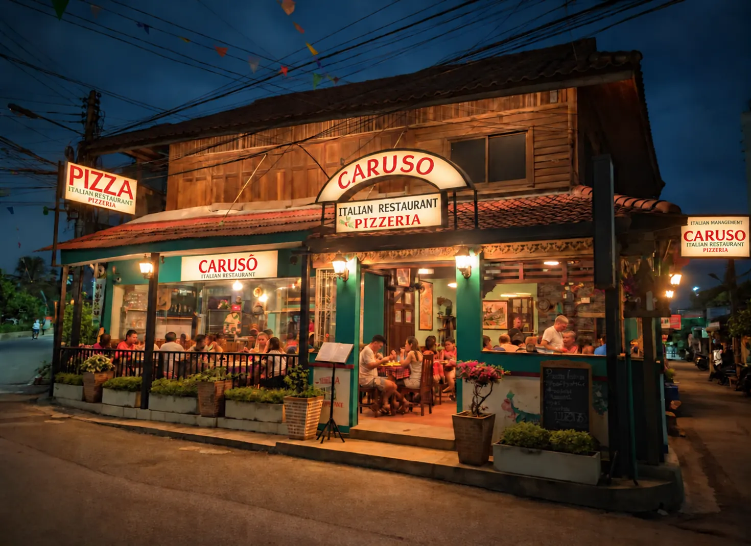 Caruso Italian Restaurant & Pizzeria on Naresdamri Road, Hua Hin, at dusk