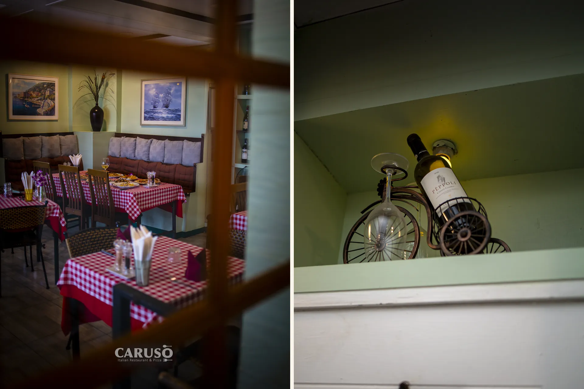 The dining room seen through the window, and a bottle of wine on display