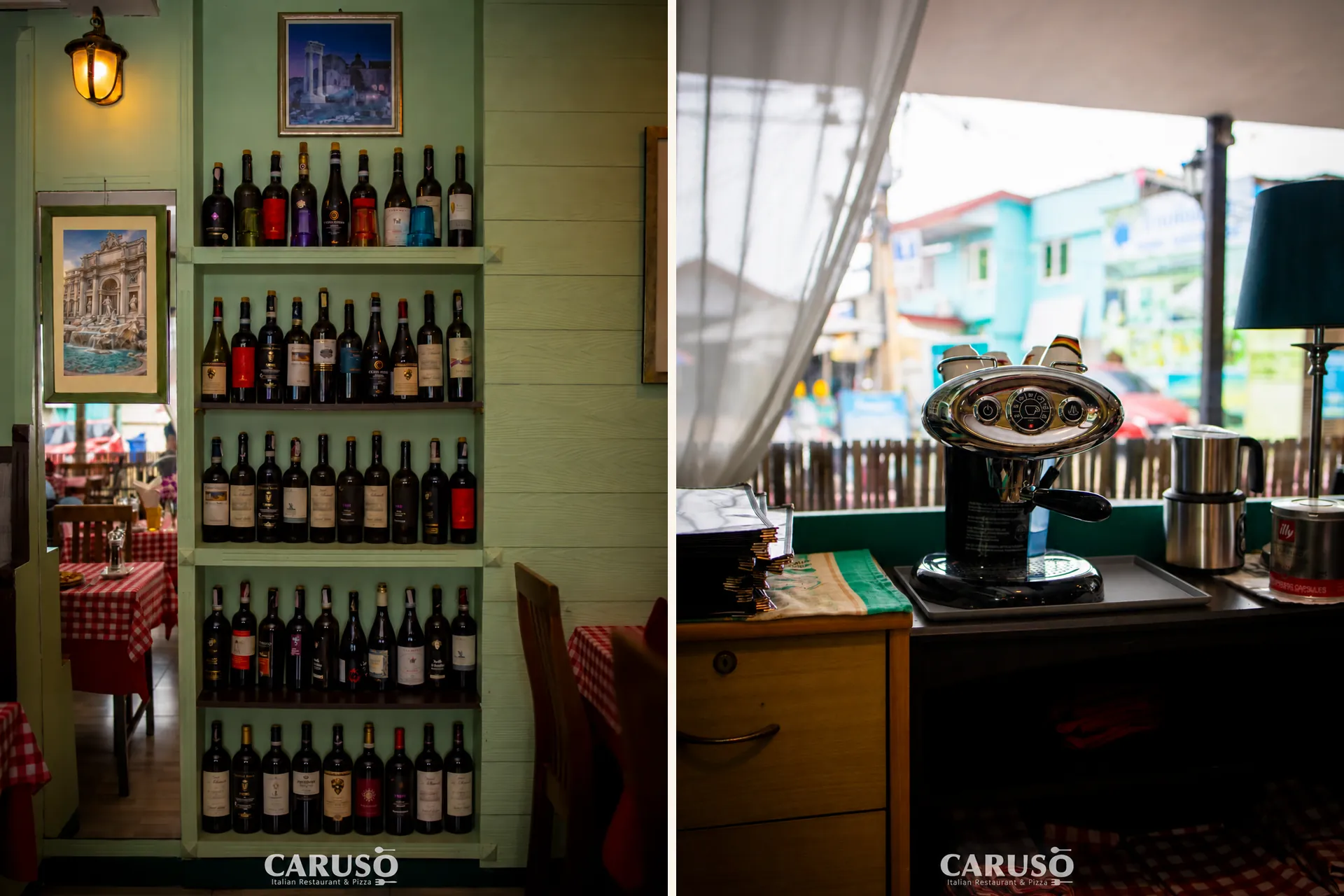 Italian wine shelves and the espresso corner at Caruso