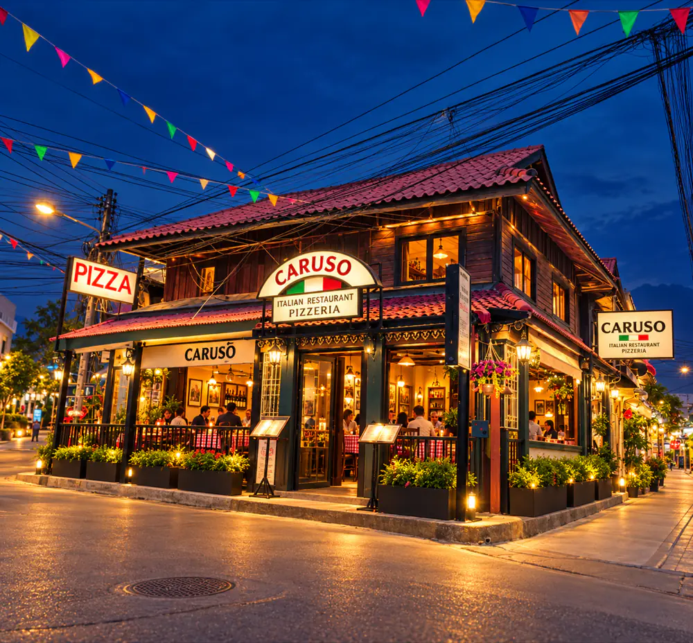 Caruso Italian Restaurant & Pizzeria on Naresdamri Road in the evening
